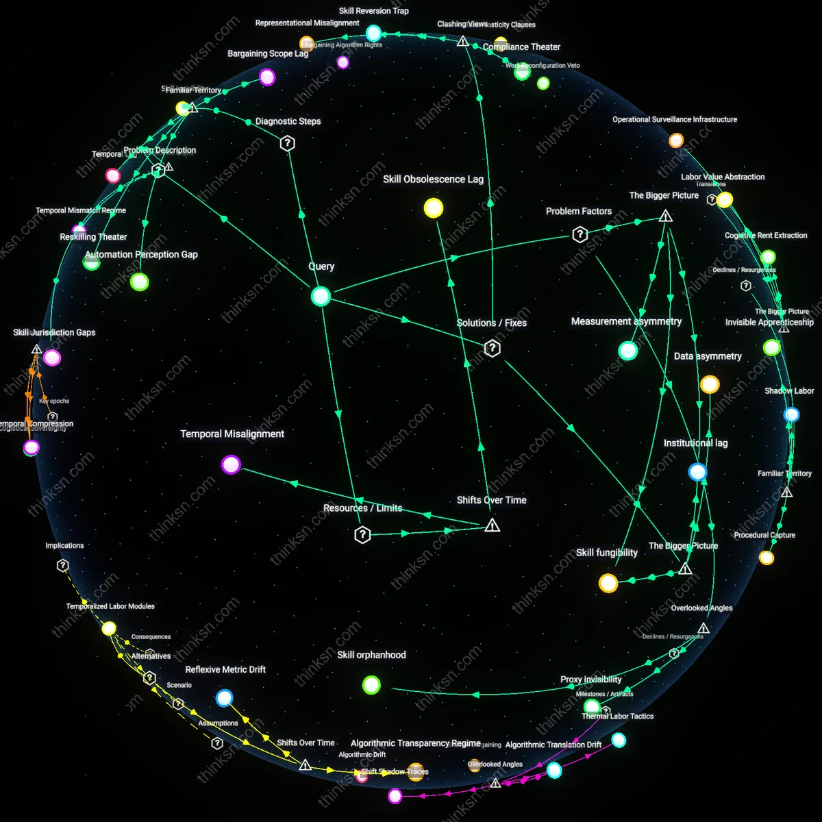 Interactive semantic network: Why might collective bargaining agreements that include AI impact clauses fail to protect workers whose tasks are partially automated, and what strategic skill choices does this create?