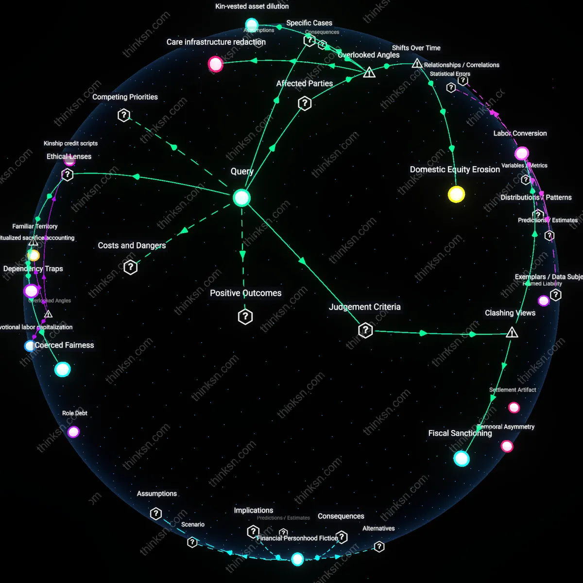 Analysis: Explore the gender power dynamics behind splitting debt — unpack hidden assumptions and trace causal links in an interactive 3D graph.