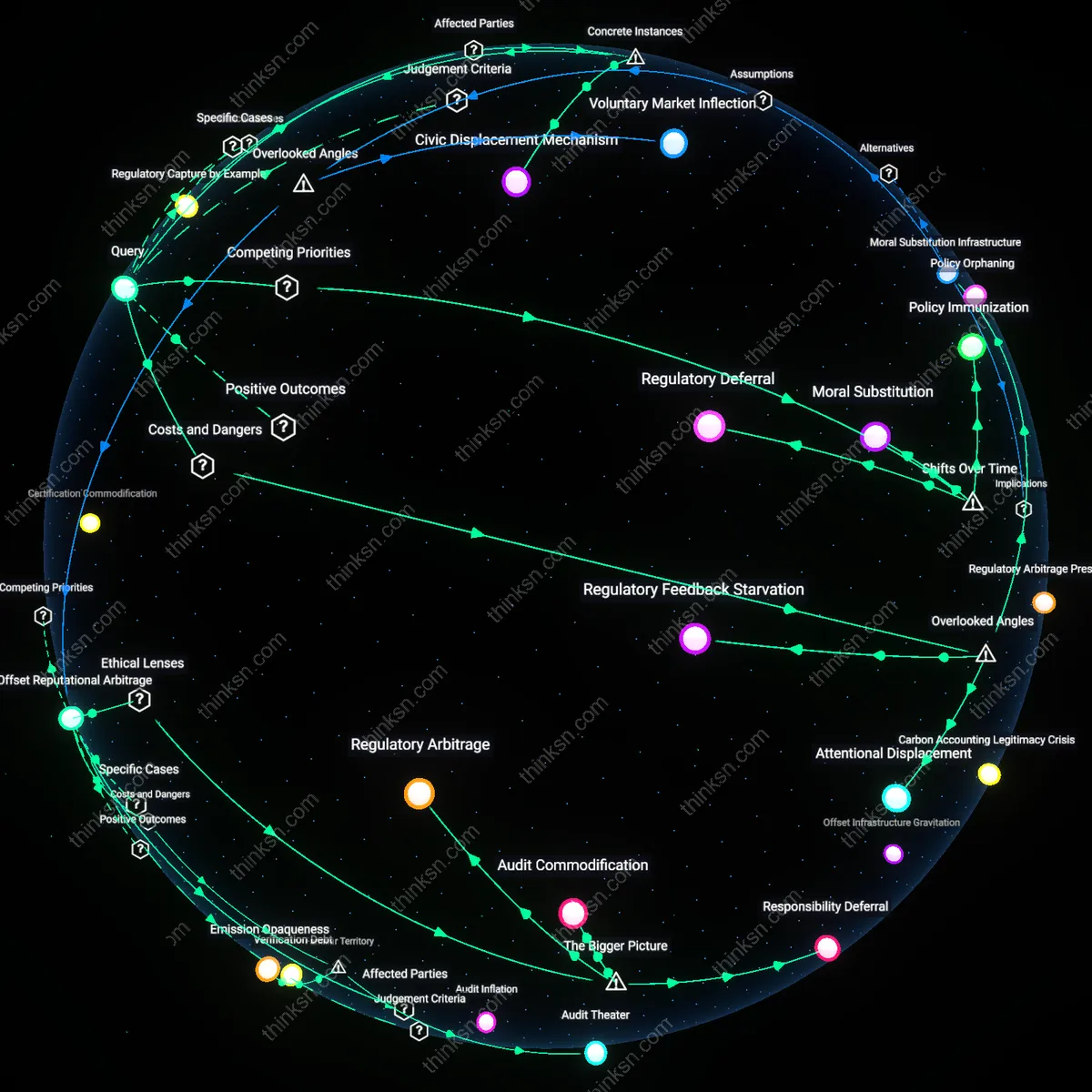 Analysis: Explore the causal links and hidden assumptions behind carbon offsets — map how they shift responsibility from regulating emissions interactively.