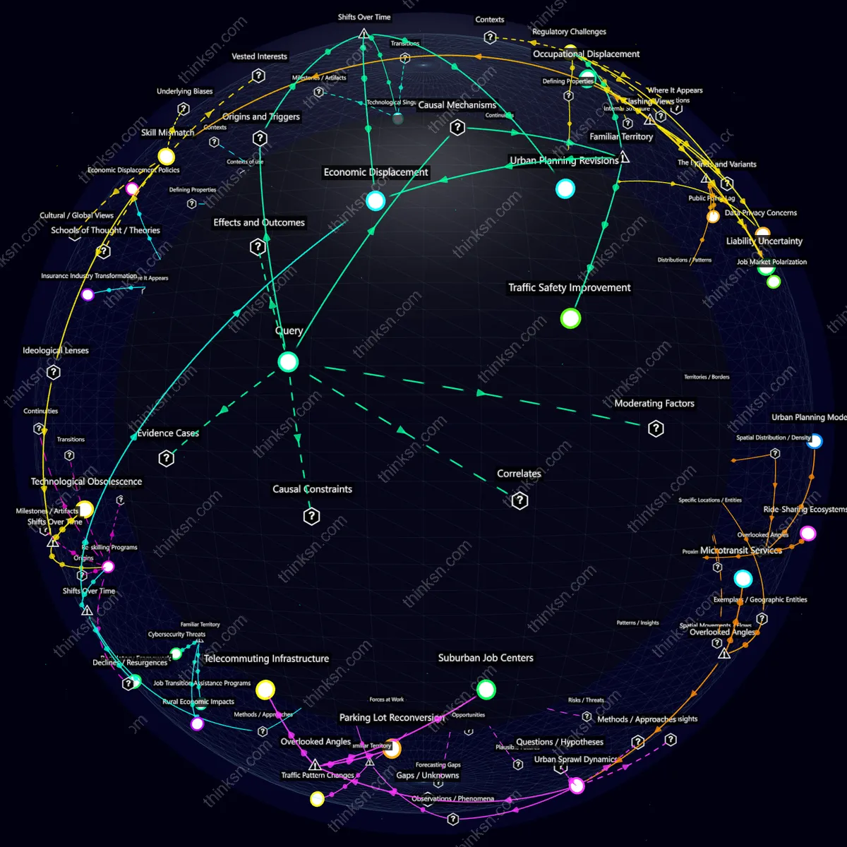 Analysis: Interactive knowledge graph analyzing autonomous vehicles impact on safety and employment through causal mapping and systemic perspectives.