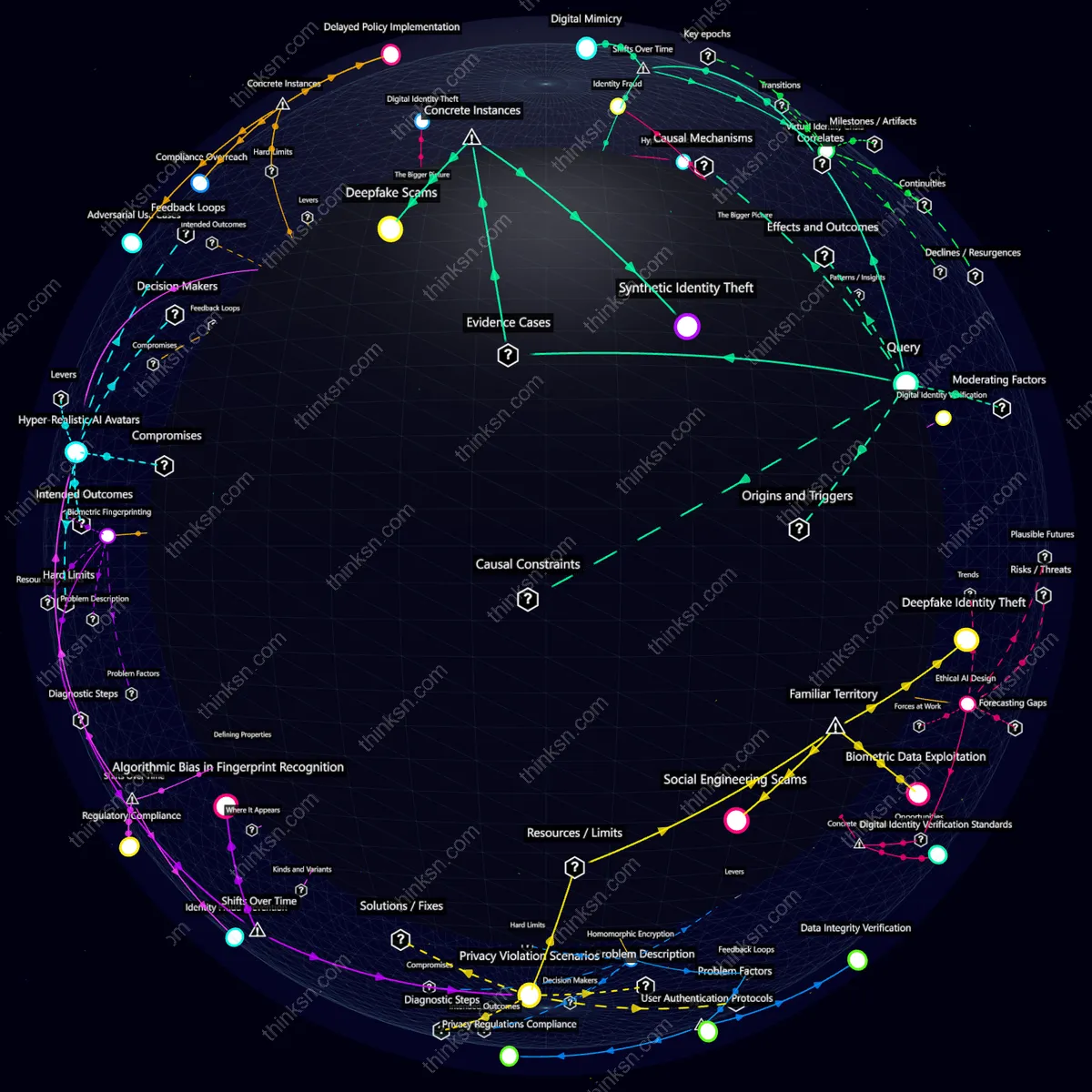 Analysis: Interactive graph analyzing identity fraud risks from hyper-realistic AI avatars, exploring causes, effects, and systemic impacts.