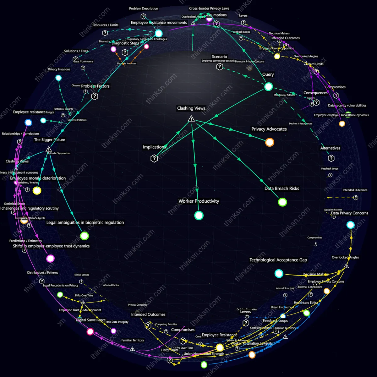 Analysis: Interactive knowledge graph analyzing mandatory biometric drug testing for employment, exploring privacy impacts and systemic implications.