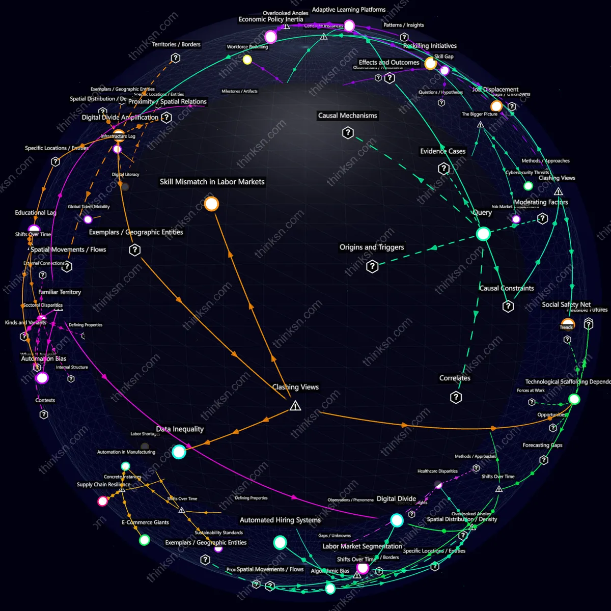 Analysis: Interactive graph analyzing automations impact on labor, exploring causes, effects, and systemic changes across industries.