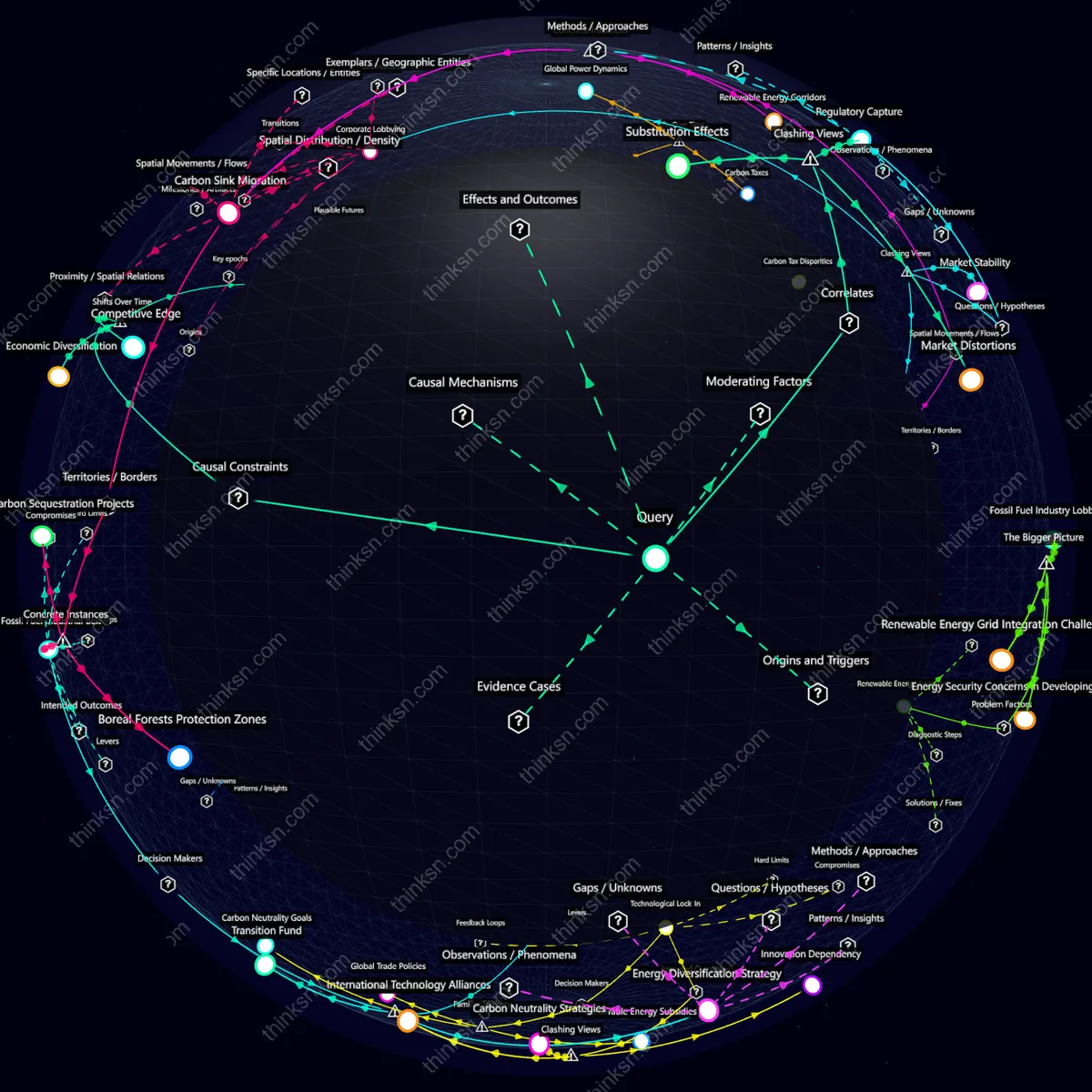 Analysis: Interactive knowledge graph analyzing carbon taxes impact on global power dynamics through fossil fuel control, causality, and systemic relationships.