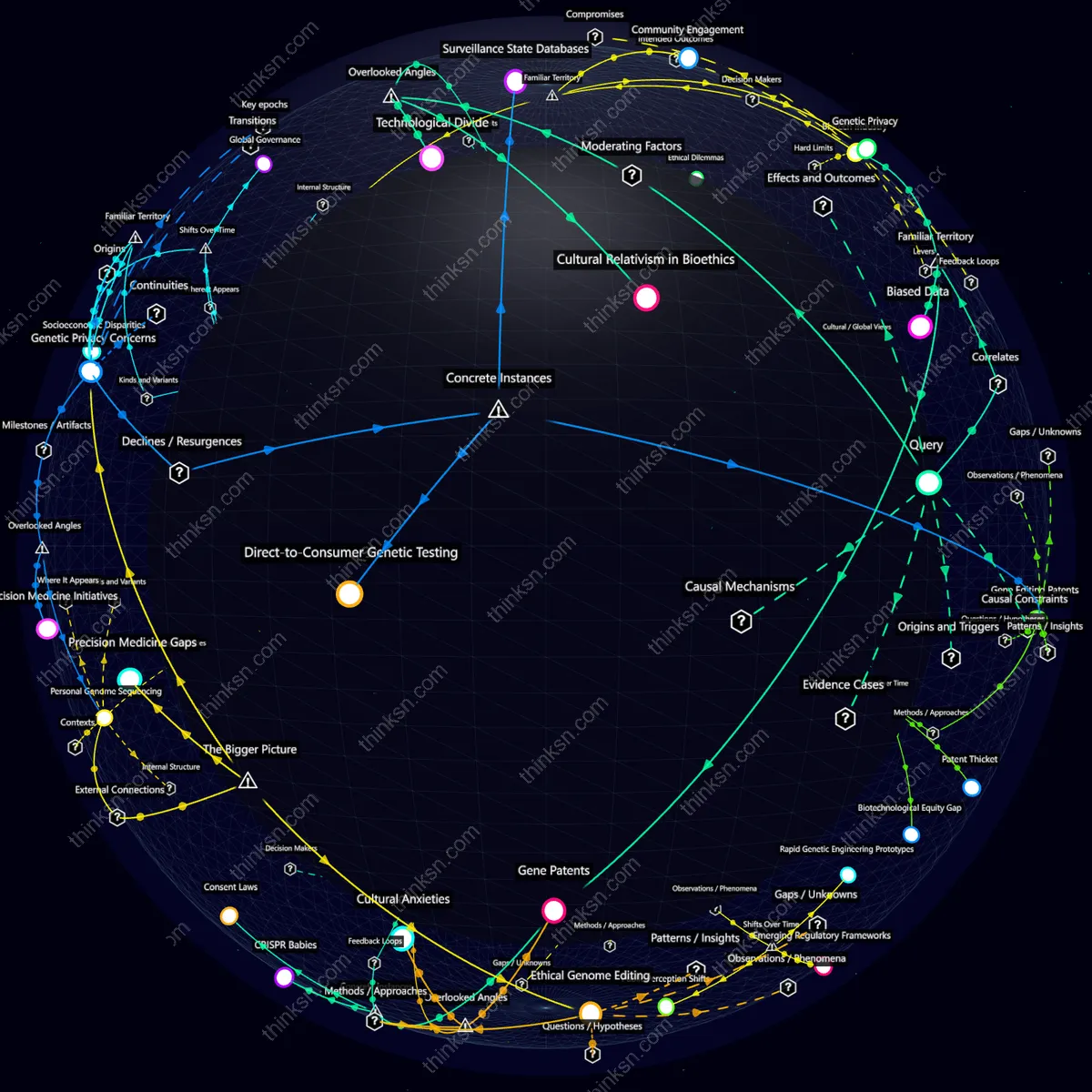 Analysis: Interactive knowledge graph analyzing genetic modifications impact on social inequality and bioethics through causal mapping and conceptual relationships.