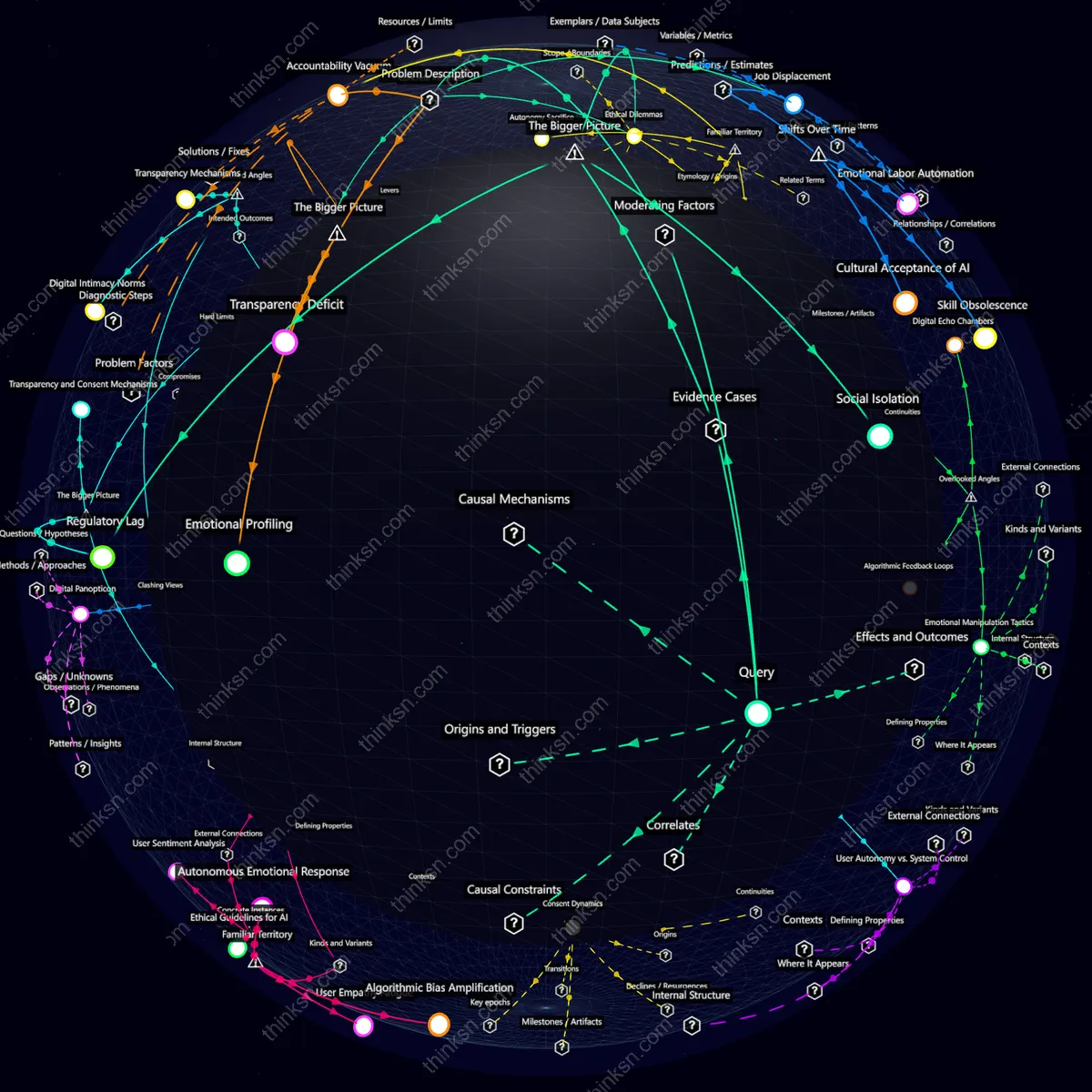 Analysis: Interactive knowledge graph exploring AI assistants evolution into emotional relationships, mapping causes, effects, and systemic interactions.