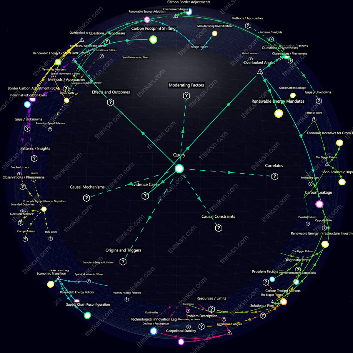 Analysis: Interactive graph analyzing renewable mandates impact on industrial relocation and global emissions through causal mapping and systemic relationships.