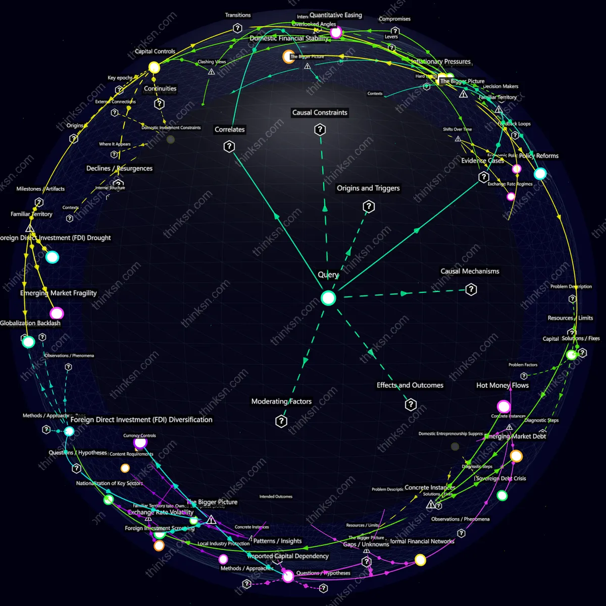 Analysis: Interactive knowledge graph analyzing impacts of reduced foreign direct investment on emerging markets, mapping causes and effects.