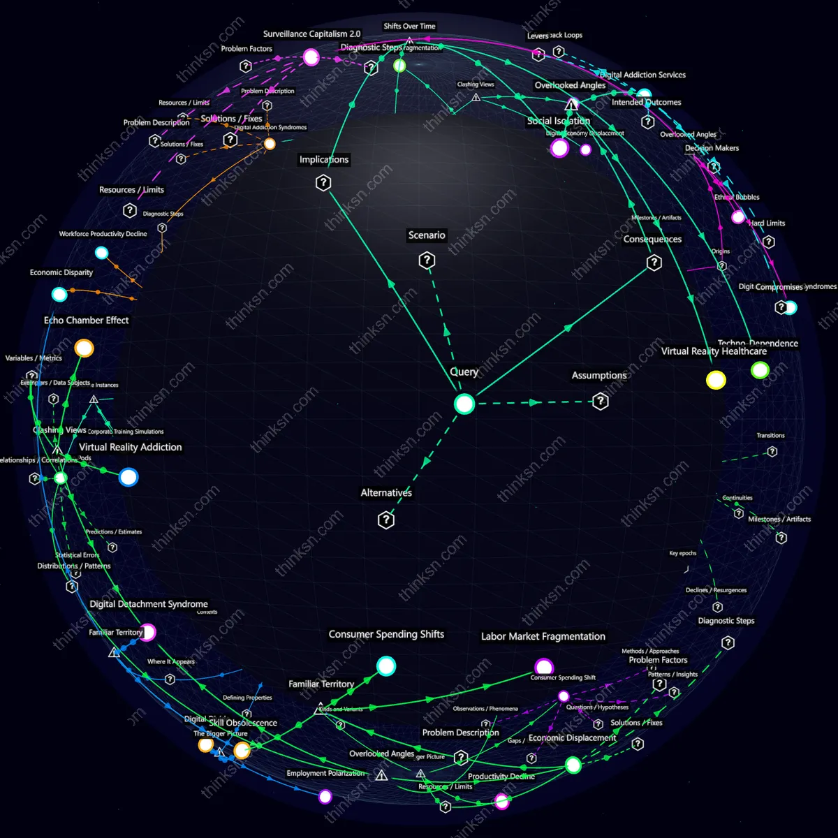 Analysis: Immersive VR detachment: Analyze societal impacts, causes, effects, and perspectives in a recursive semantic network.