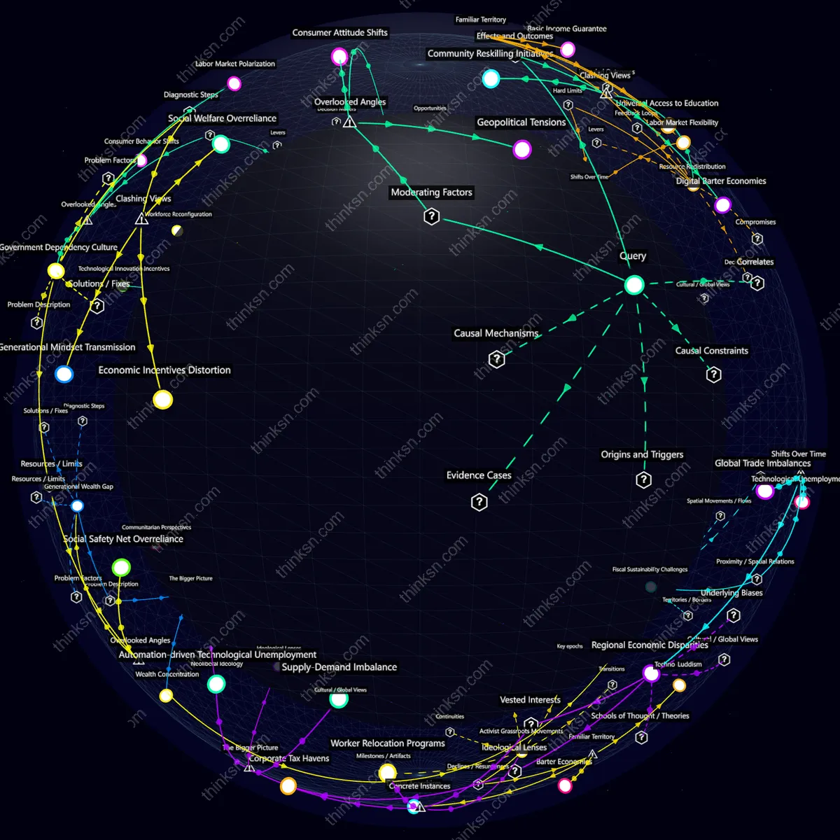 Analysis: Interactive knowledge graph analyzing community responses to automation surplus: material abundance, job loss, and systemic impacts.