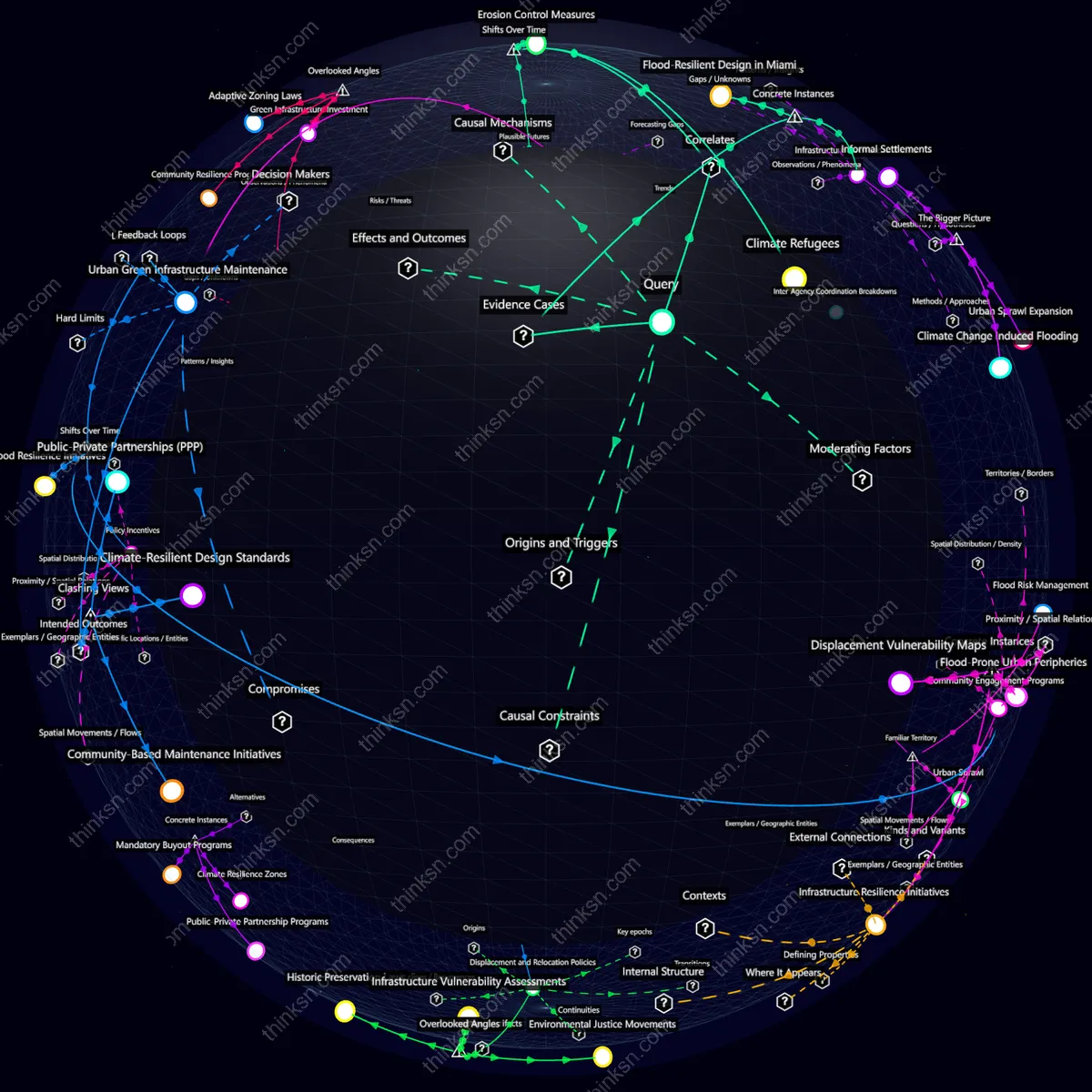 Analysis: Interactive knowledge graph analyzing infrastructure challenges in flood-prone areas due to unchecked urban sprawl and climate change risks.